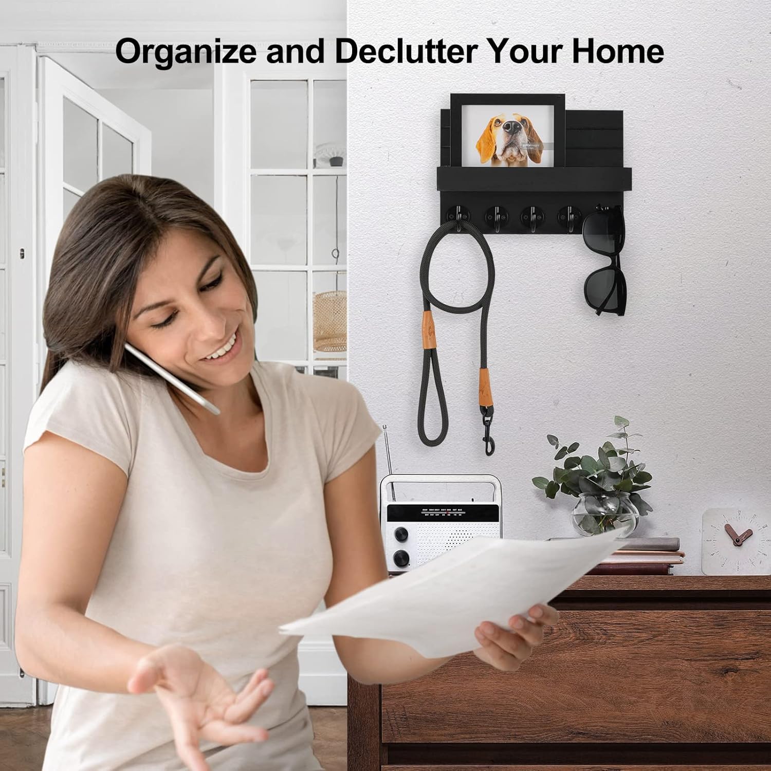 Key Holder for Wall, Decorative Key and Mail Holder with Shelf Has Large Hooks for Bags, Coats, Umbrella – Paulownia Wood Key Hanger with Mounting Hardware (9.8”W x 6.7”H x 4.2”D)