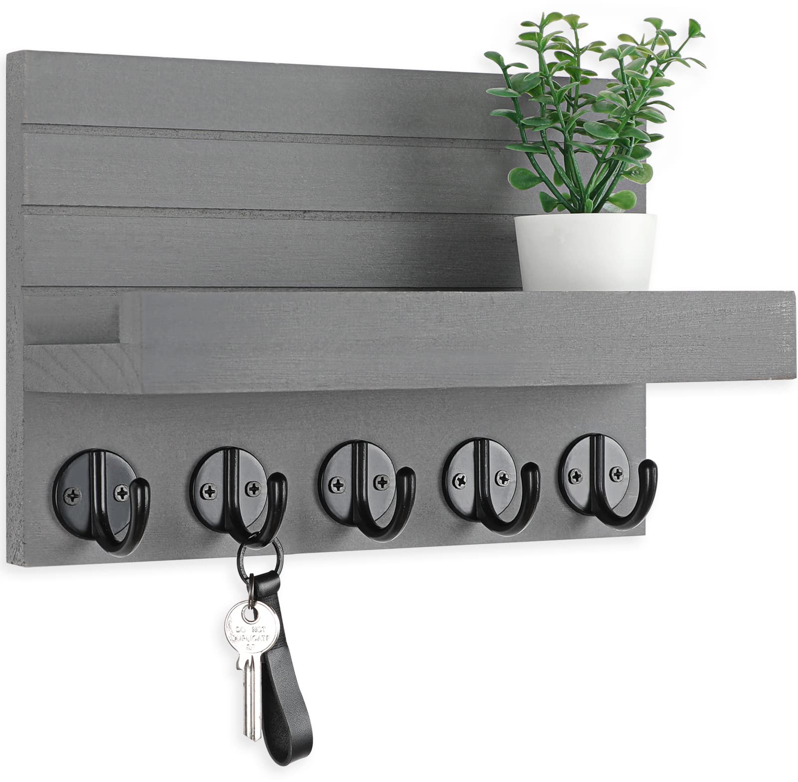 Key Holder for Wall, Decorative Key and Mail Holder with Shelf Has Large Hooks for Bags, Coats, Umbrella – Paulownia Wood Key Hanger with Mounting Hardware (9.8”W x 6.7”H x 4.2”D)