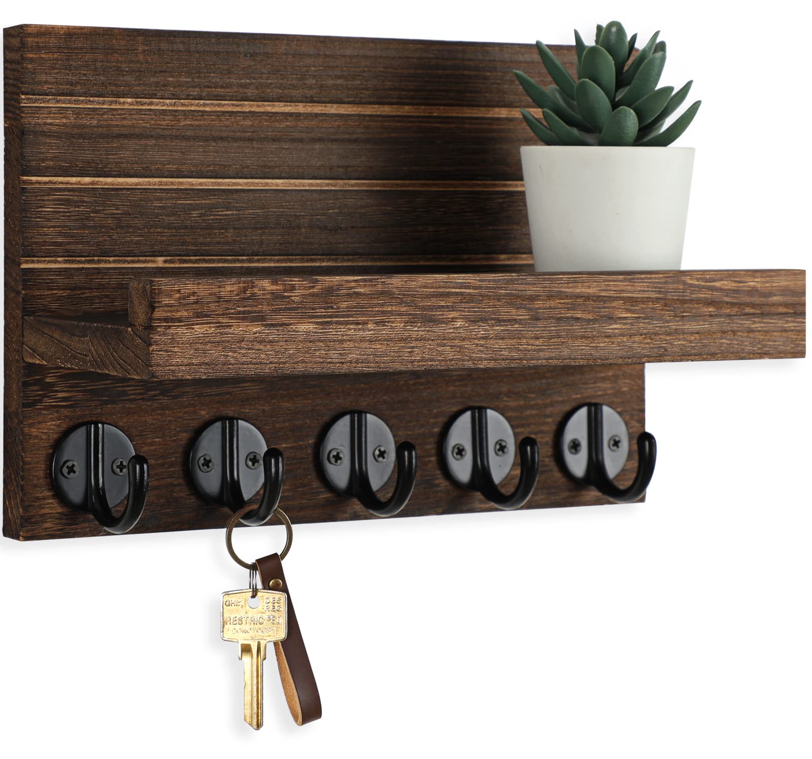 Key Holder for Wall, Decorative Key and Mail Holder with Shelf Has Large Hooks for Bags, Coats, Umbrella – Paulownia Wood Key Hanger with Mounting Hardware (9.8”W x 6.7”H x 4.2”D)