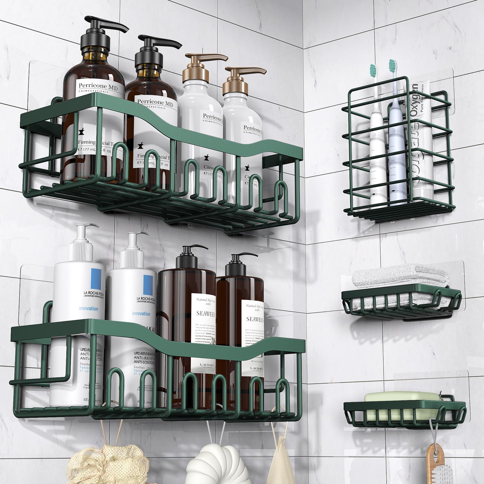 Adhesive Shower Caddy, 5 Pack Rustproof Stainless Steel Bath Organizers With Large Capacity, No Drilling Shelves for Bathroom Storage & Home Decor-XL Size