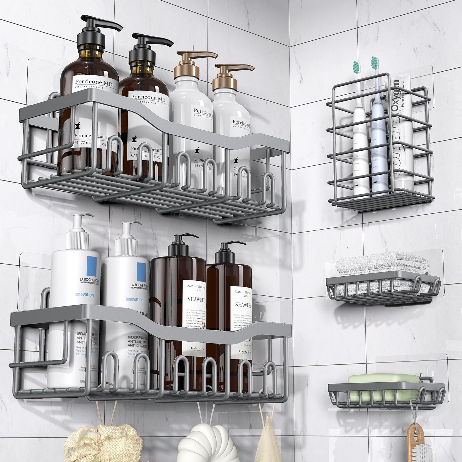 Adhesive Shower Caddy, 5 Pack Rustproof Stainless Steel Bath Organizers With Large Capacity, No Drilling Shelves for Bathroom Storage & Home Decor-XL Size