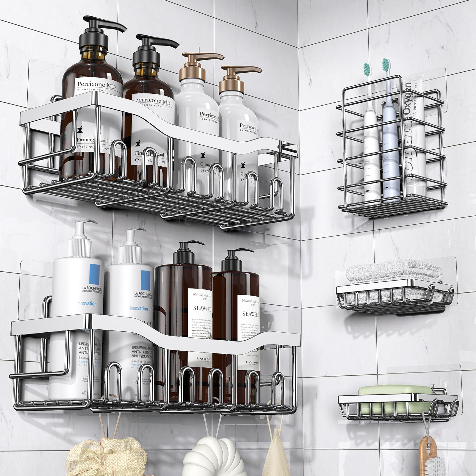 Adhesive Shower Caddy, 5 Pack Rustproof Stainless Steel Bath Organizers With Large Capacity, No Drilling Shelves for Bathroom Storage & Home Decor-XL Size