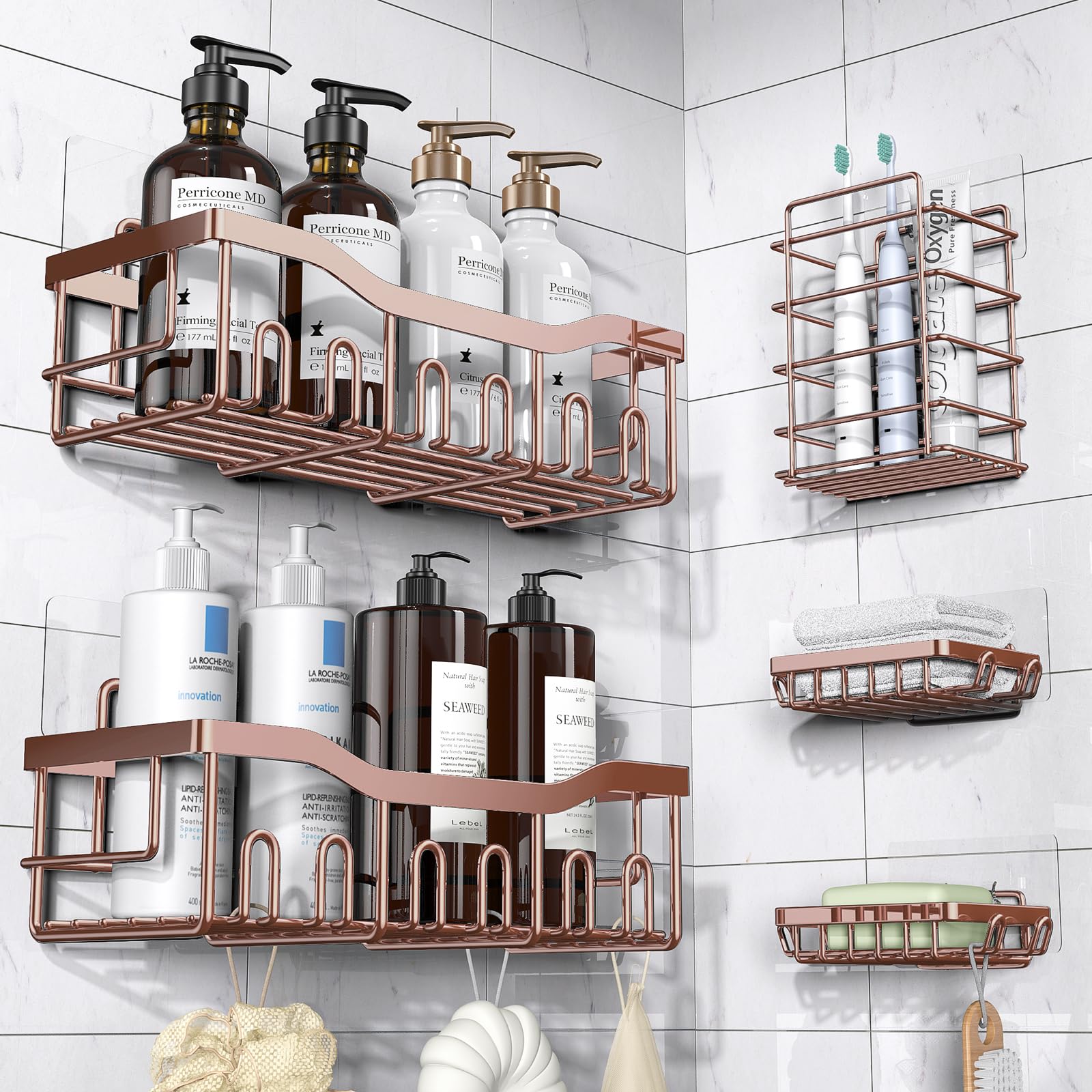 Adhesive Shower Caddy, 5 Pack Rustproof Stainless Steel Bath Organizers With Large Capacity, No Drilling Shelves for Bathroom Storage & Home Decor-XL Size