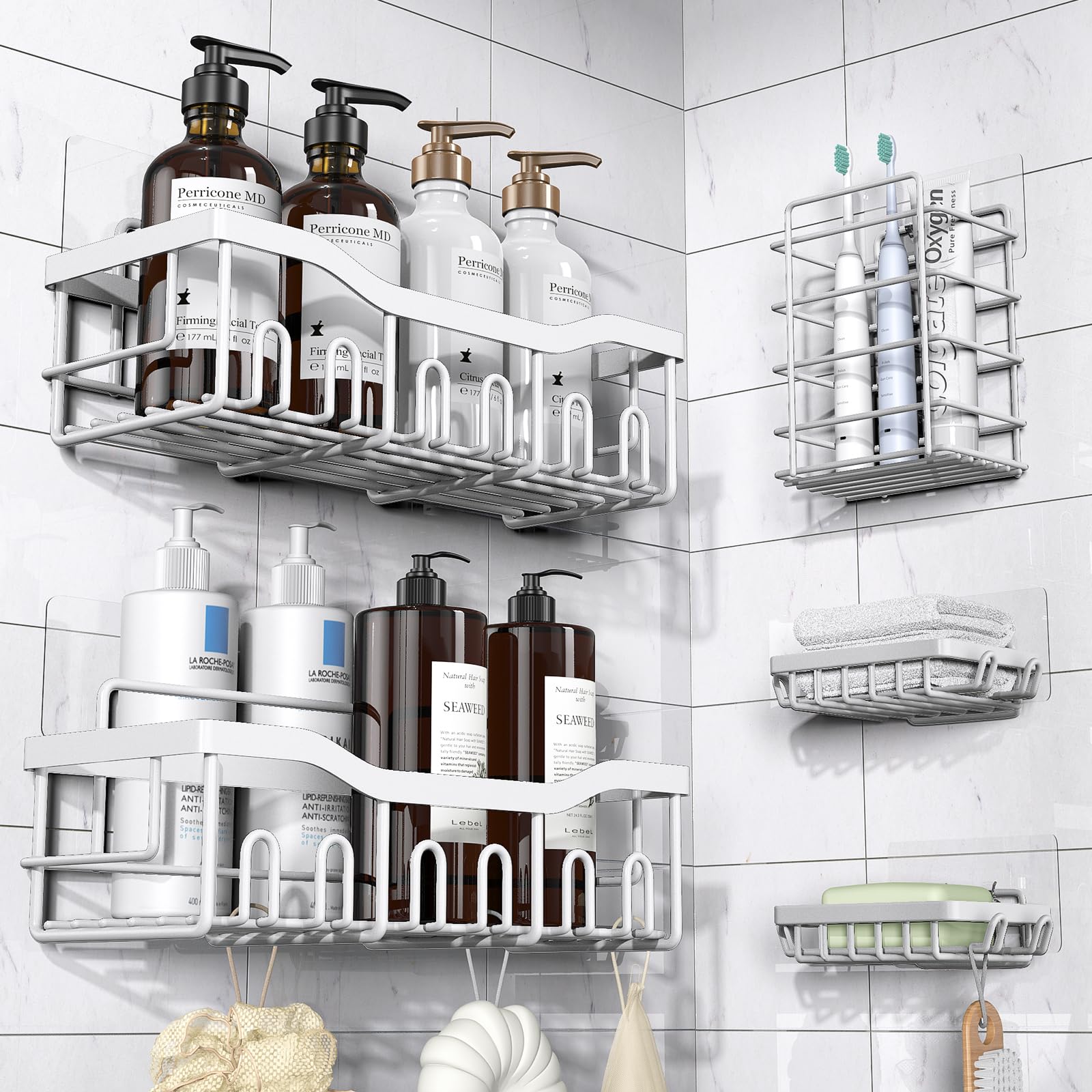 Adhesive Shower Caddy, 5 Pack Rustproof Stainless Steel Bath Organizers With Large Capacity, No Drilling Shelves for Bathroom Storage & Home Decor-XL Size