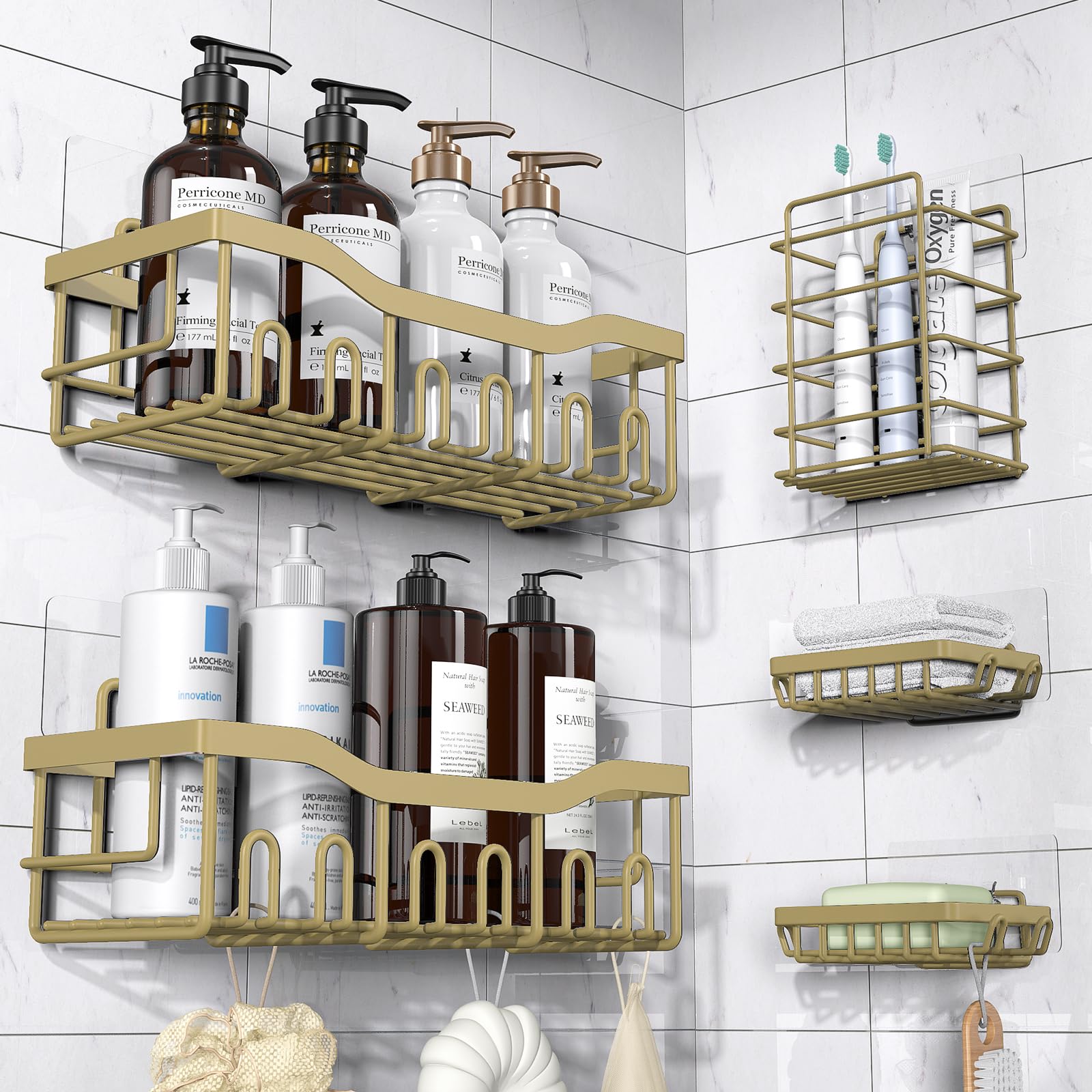 Adhesive Shower Caddy, 5 Pack Rustproof Stainless Steel Bath Organizers With Large Capacity, No Drilling Shelves for Bathroom Storage & Home Decor-XL Size