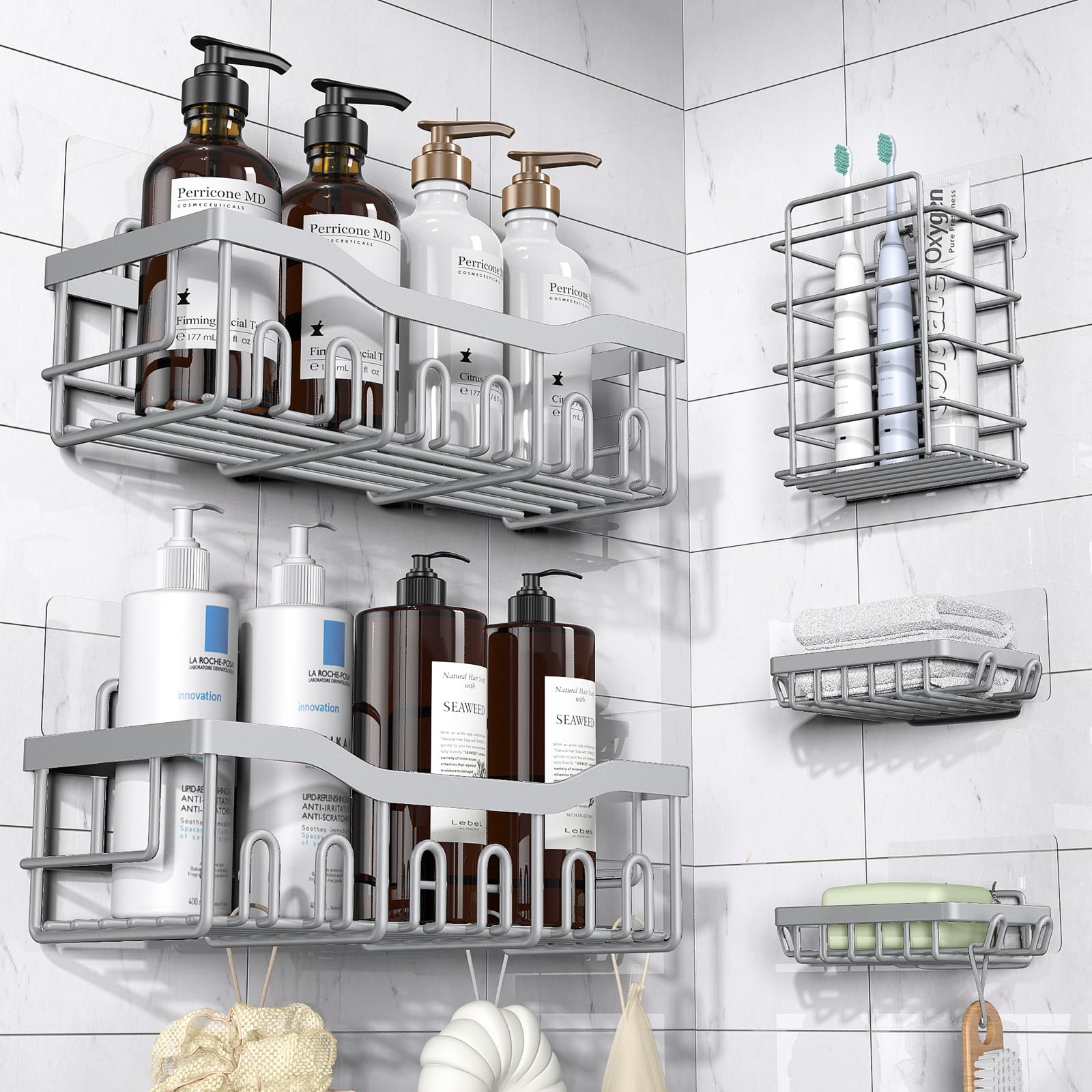 Adhesive Shower Caddy, 5 Pack Rustproof Stainless Steel Bath Organizers With Large Capacity, No Drilling Shelves for Bathroom Storage & Home Decor-XL Size