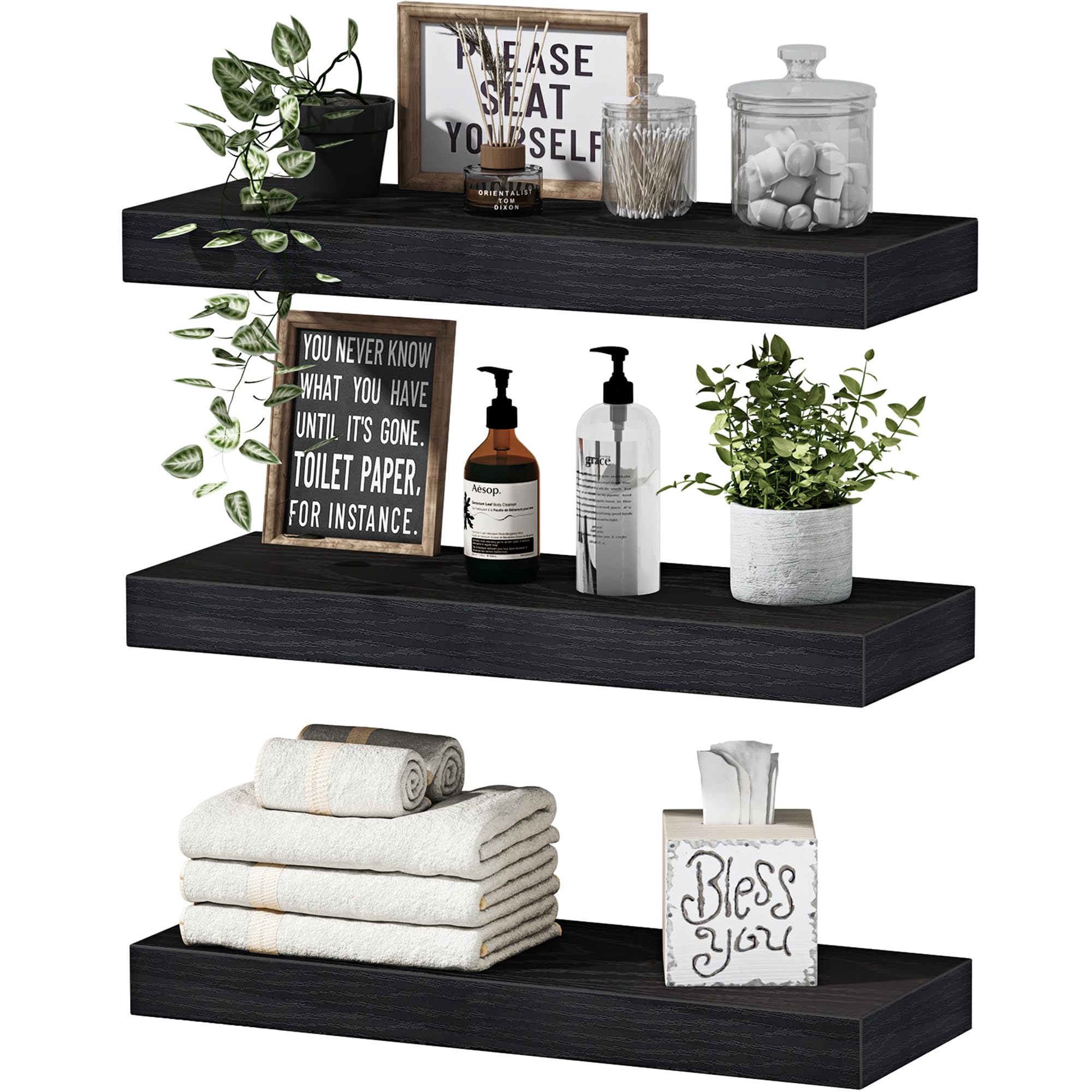 QEEIG Floating Shelves for Wall Bathroom Shelf Bedroom Kitchen Living Room Hanging Book Shelves Small Farmhouse Decor 16 inch Set of 3, Rustic Brown (015-BN3)
