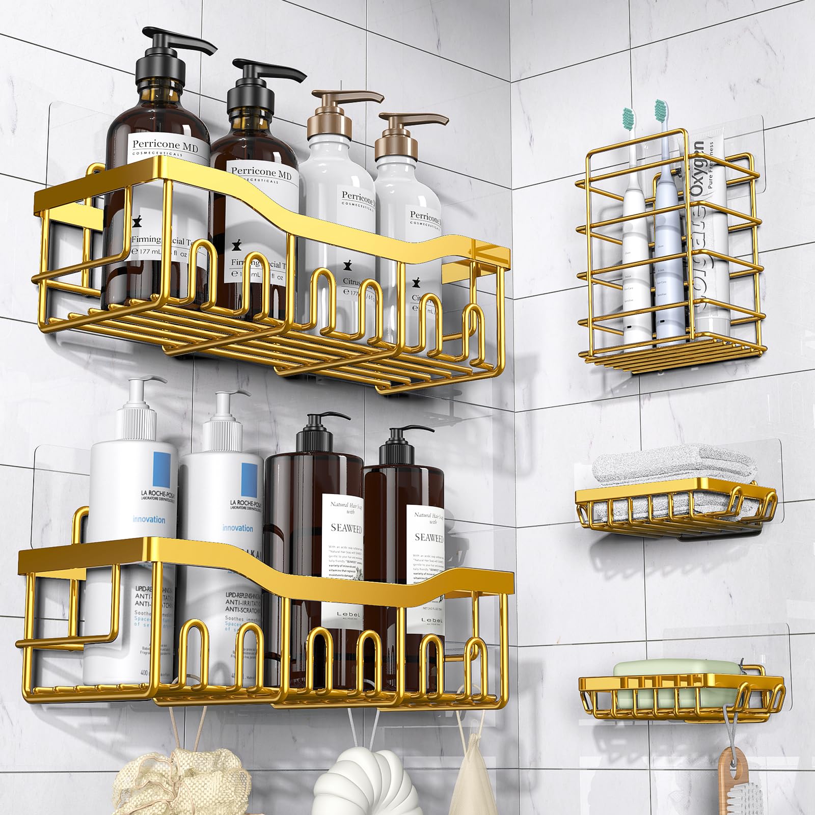 Adhesive Shower Caddy, 5 Pack Rustproof Stainless Steel Bath Organizers With Large Capacity, No Drilling Shelves for Bathroom Storage & Home Decor-XL Size